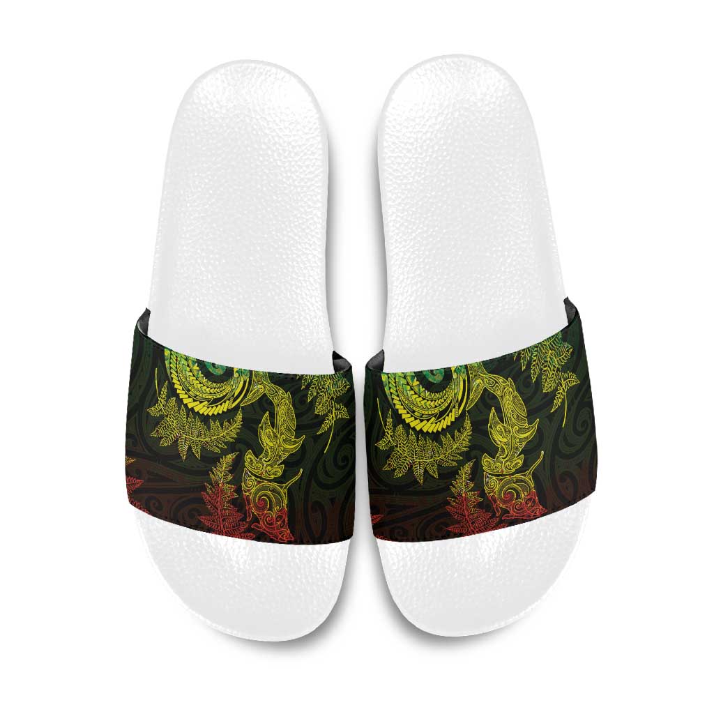 New Zealand Sea Animals with Maori Tribal Tattoo Slide Sandals Shark Manta Ray with Silver Fern Reggae