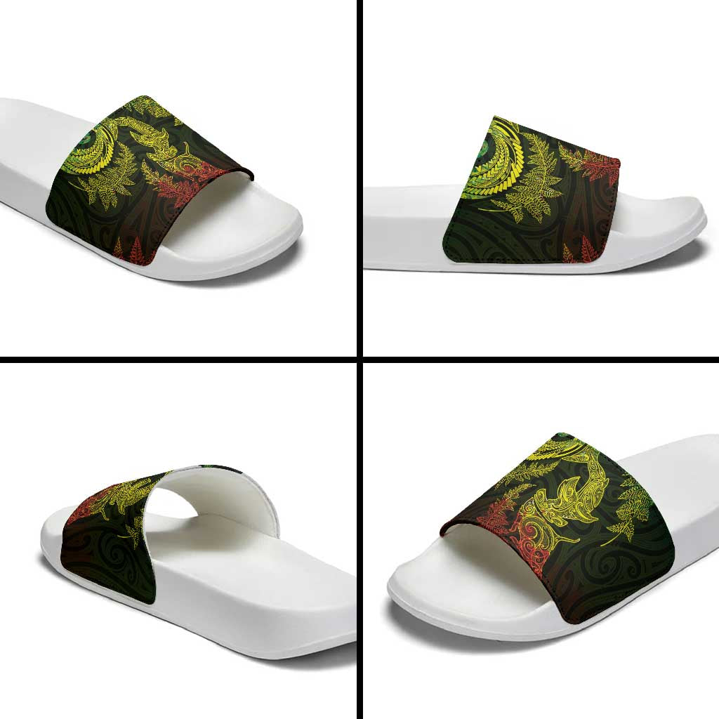New Zealand Sea Animals with Maori Tribal Tattoo Slide Sandals Shark Manta Ray with Silver Fern Reggae