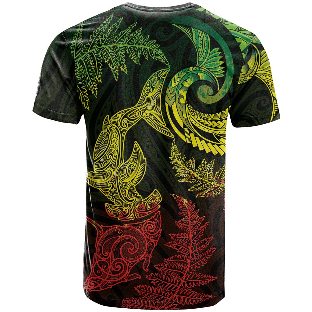 New Zealand Sea Animals with Maori Tribal Tattoo T Shirt Shark Manta Ray with Silver Fern Reggae