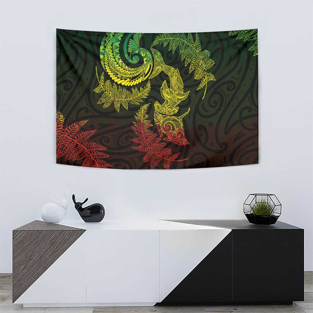 New Zealand Sea Animals with Maori Tribal Tattoo Tapestry Shark Manta Ray with Silver Fern Reggae