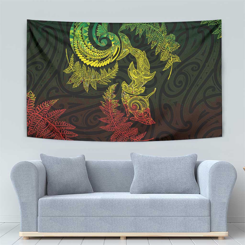 New Zealand Sea Animals with Maori Tribal Tattoo Tapestry Shark Manta Ray with Silver Fern Reggae