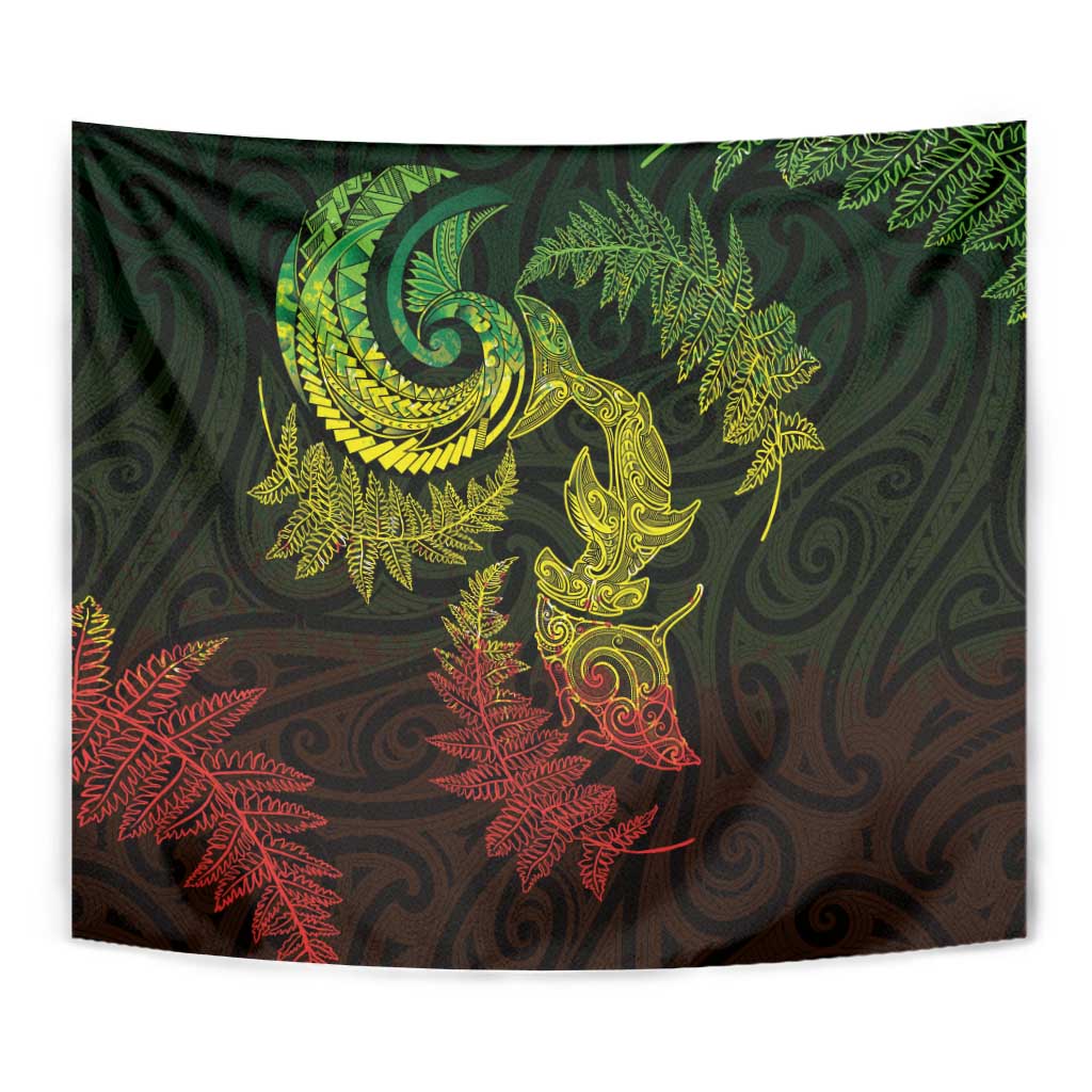 New Zealand Sea Animals with Maori Tribal Tattoo Tapestry Shark Manta Ray with Silver Fern Reggae