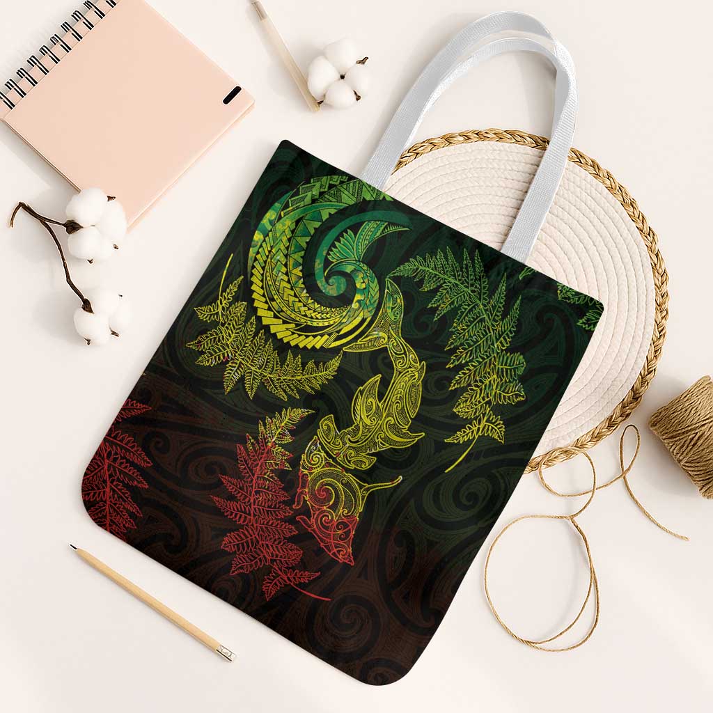 New Zealand Sea Animals with Maori Tribal Tattoo Tote Bag Shark Manta Ray with Silver Fern Reggae