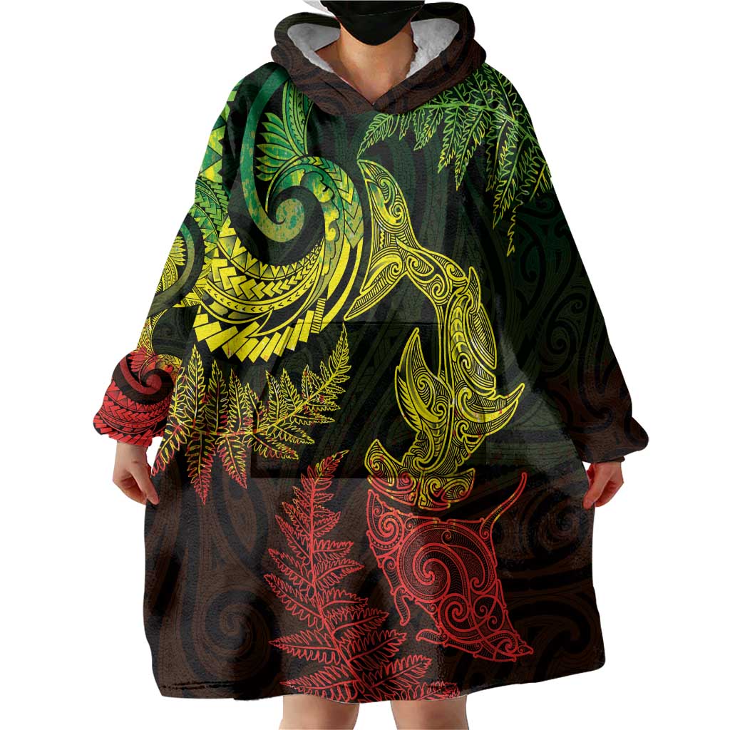 New Zealand Sea Animals with Maori Tribal Tattoo Wearable Blanket Hoodie Shark Manta Ray with Silver Fern Reggae