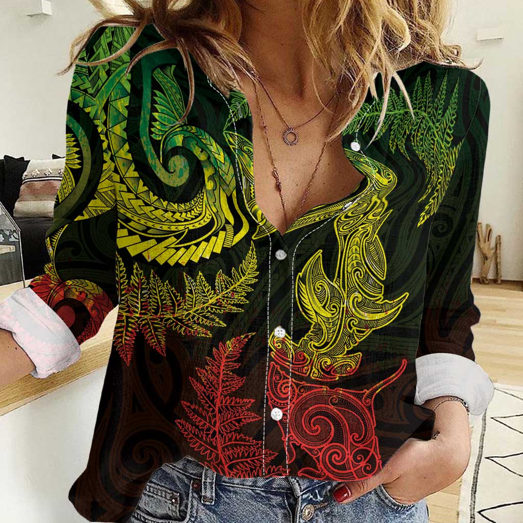 New Zealand Sea Animals with Maori Tribal Tattoo Women Casual Shirt Shark Manta Ray with Silver Fern Reggae LT03 Female Reggae - Polynesian Pride