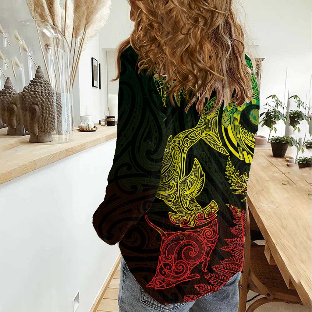 New Zealand Sea Animals with Maori Tribal Tattoo Women Casual Shirt Shark Manta Ray with Silver Fern Reggae LT03 - Polynesian Pride