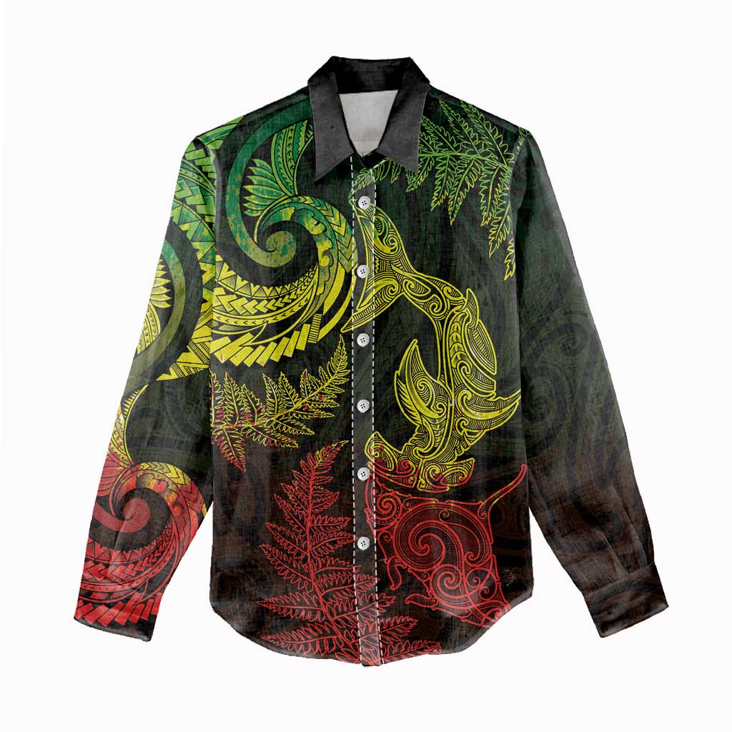 New Zealand Sea Animals with Maori Tribal Tattoo Women Casual Shirt Shark Manta Ray with Silver Fern Reggae LT03 - Polynesian Pride