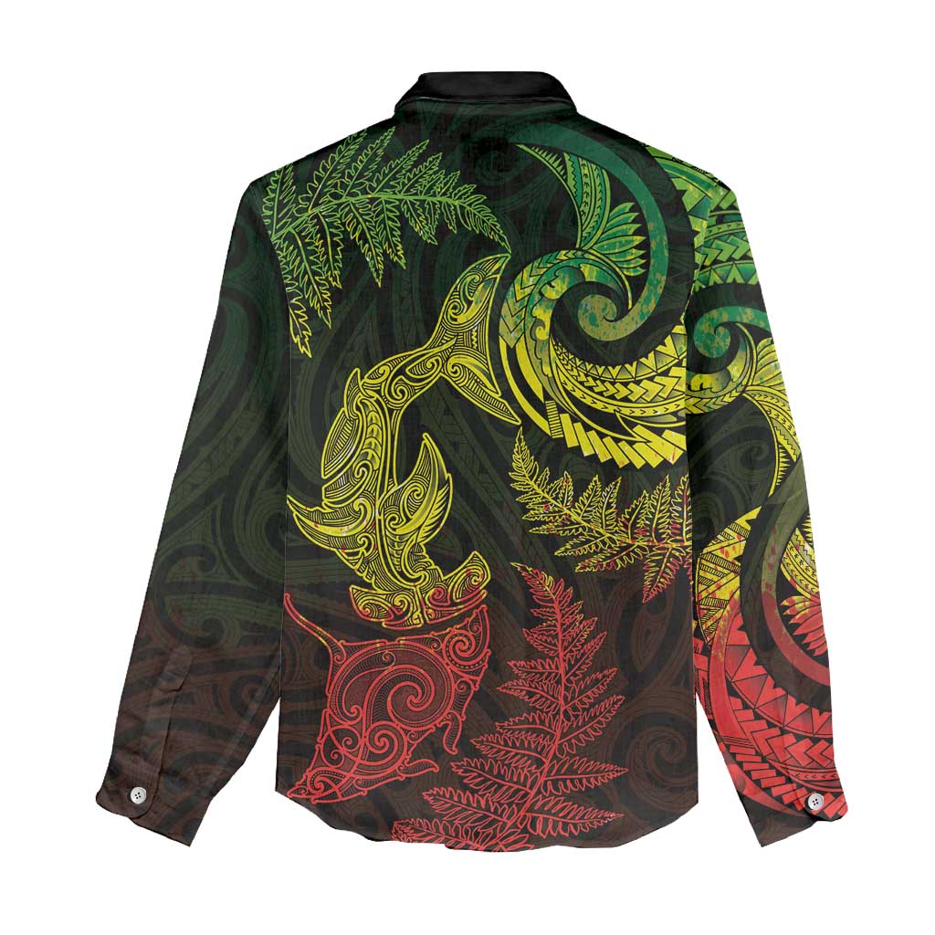 New Zealand Sea Animals with Maori Tribal Tattoo Women Casual Shirt Shark Manta Ray with Silver Fern Reggae LT03 - Polynesian Pride