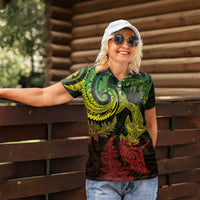 New Zealand Sea Animals with Maori Tribal Tattoo Women Polo Shirt Shark Manta Ray with Silver Fern Reggae