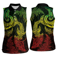 New Zealand Sea Animals with Maori Tribal Tattoo Women Sleeveless Polo Shirt Shark Manta Ray with Silver Fern Reggae