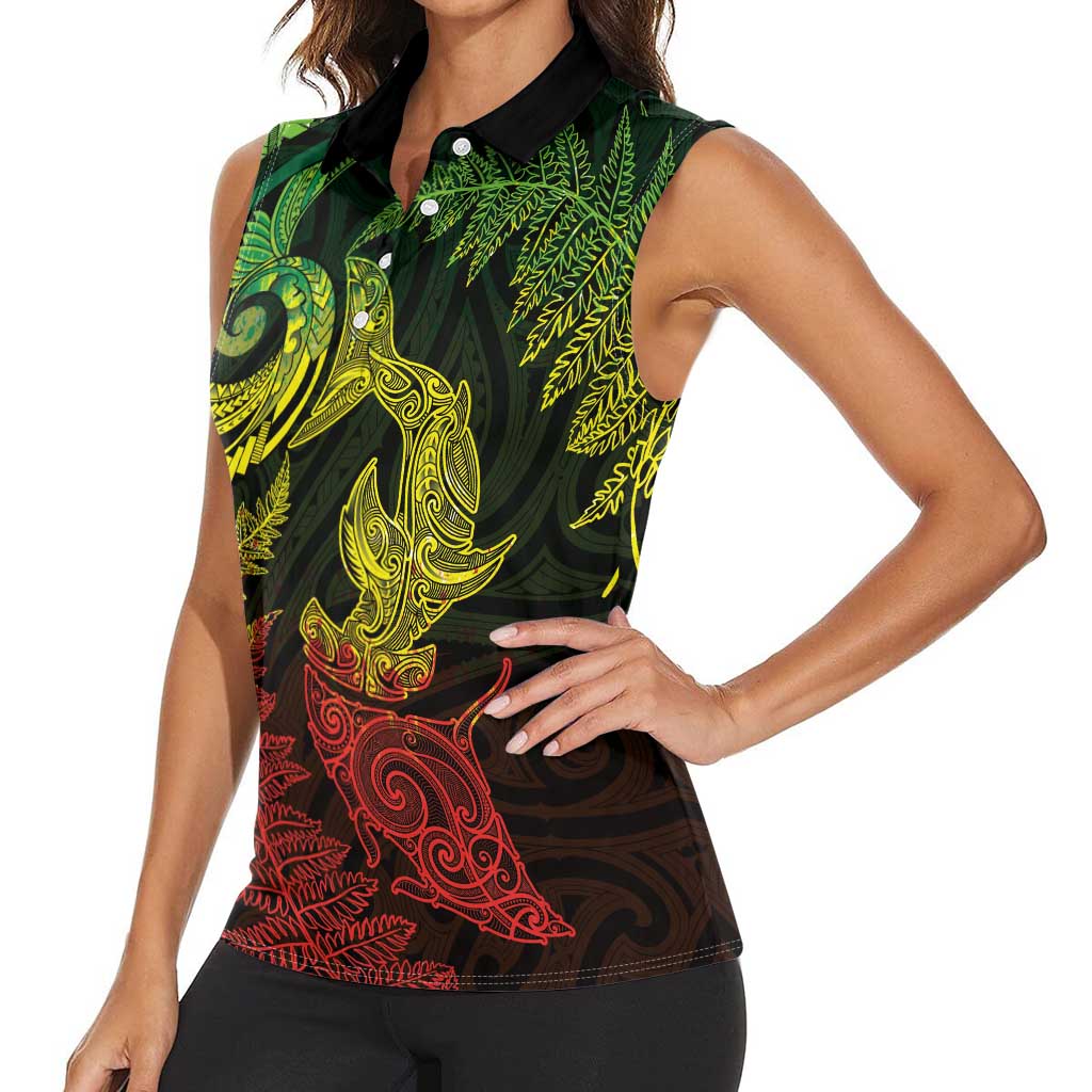 New Zealand Sea Animals with Maori Tribal Tattoo Women Sleeveless Polo Shirt Shark Manta Ray with Silver Fern Reggae