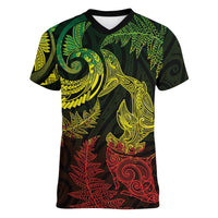 New Zealand Sea Animals with Maori Tribal Tattoo Women V-Neck T-Shirt Shark Manta Ray with Silver Fern Reggae LT03 Female Reggae - Polynesian Pride