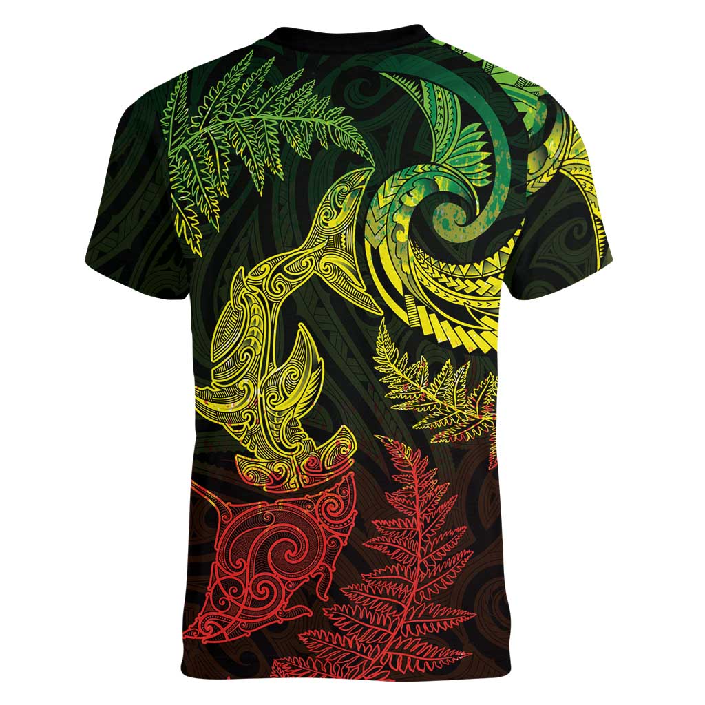 New Zealand Sea Animals with Maori Tribal Tattoo Women V-Neck T-Shirt Shark Manta Ray with Silver Fern Reggae LT03 - Polynesian Pride