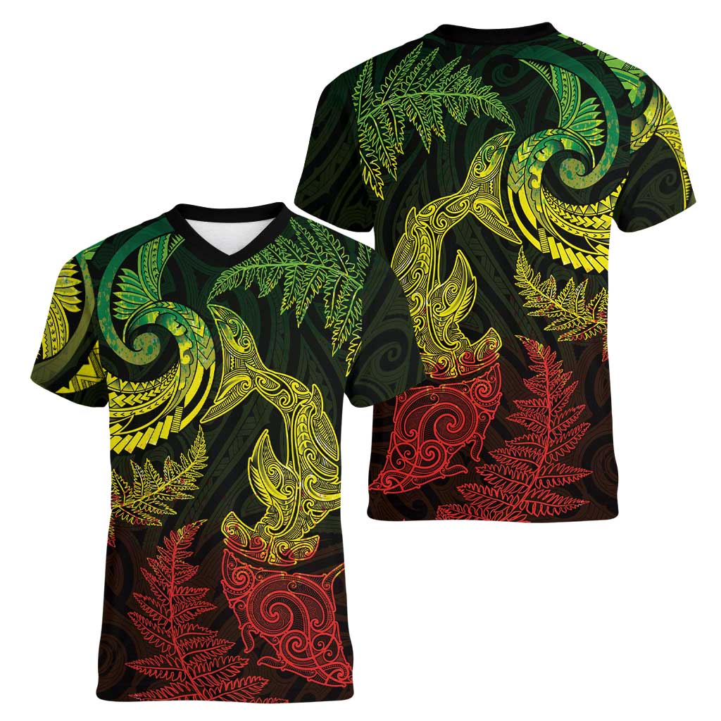 New Zealand Sea Animals with Maori Tribal Tattoo Women V-Neck T-Shirt Shark Manta Ray with Silver Fern Reggae LT03 - Polynesian Pride