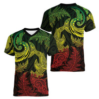 New Zealand Sea Animals with Maori Tribal Tattoo Women V-Neck T-Shirt Shark Manta Ray with Silver Fern Reggae LT03 - Polynesian Pride