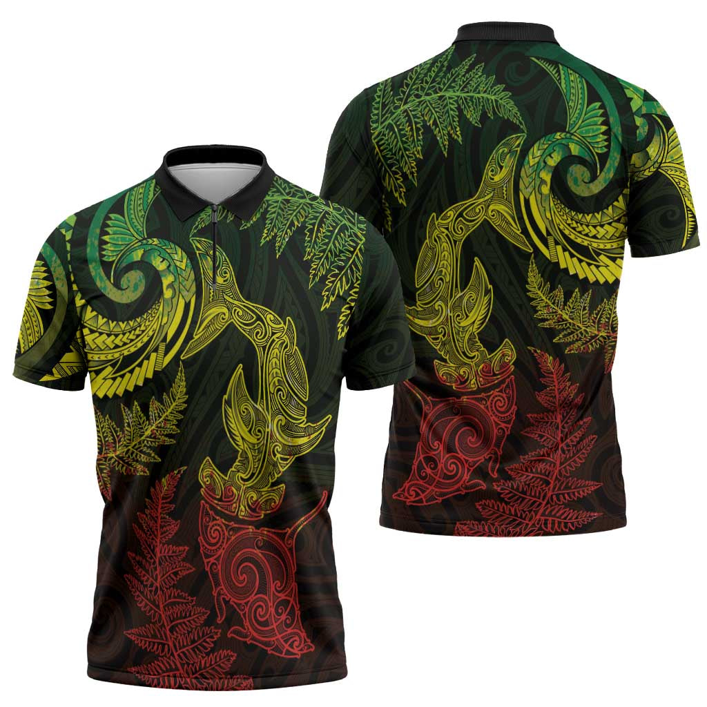 New Zealand Sea Animals with Maori Tribal Tattoo Zipper Polo Shirt Shark Manta Ray with Silver Fern Reggae