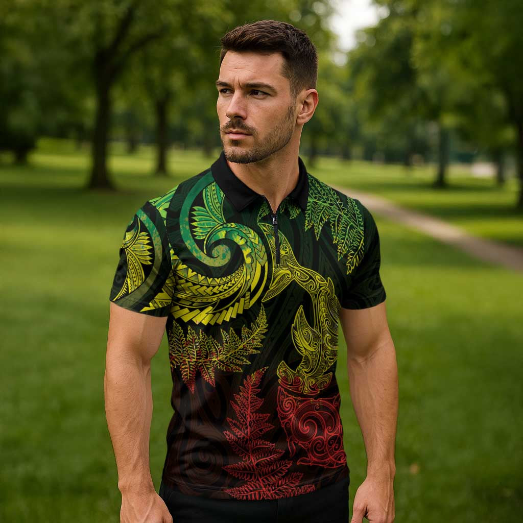 New Zealand Sea Animals with Maori Tribal Tattoo Zipper Polo Shirt Shark Manta Ray with Silver Fern Reggae