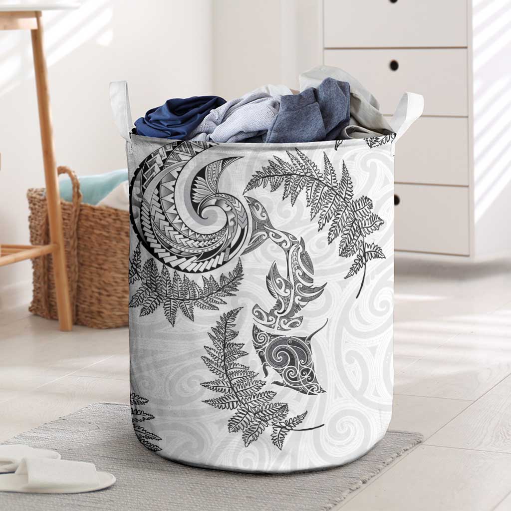 New Zealand Sea Animals with Maori Tribal Tattoo Laundry Basket Shark Manta Ray with Silver Fern White LT03 White - Polynesian Pride