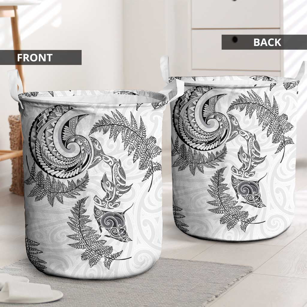 New Zealand Sea Animals with Maori Tribal Tattoo Laundry Basket Shark Manta Ray with Silver Fern White LT03 - Polynesian Pride