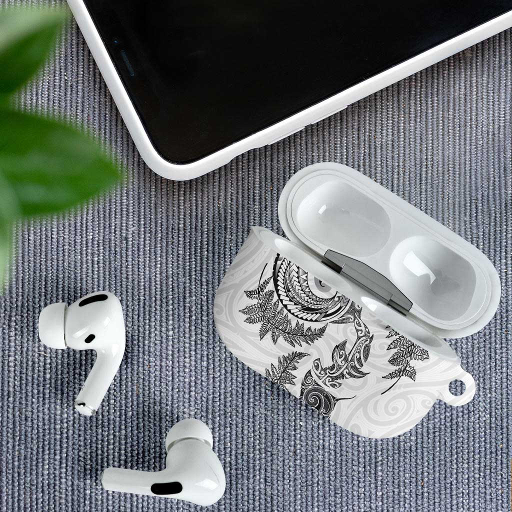 New Zealand Sea Animals with Maori Tribal Tattoo AirPods Case Shark Manta Ray with Silver Fern White