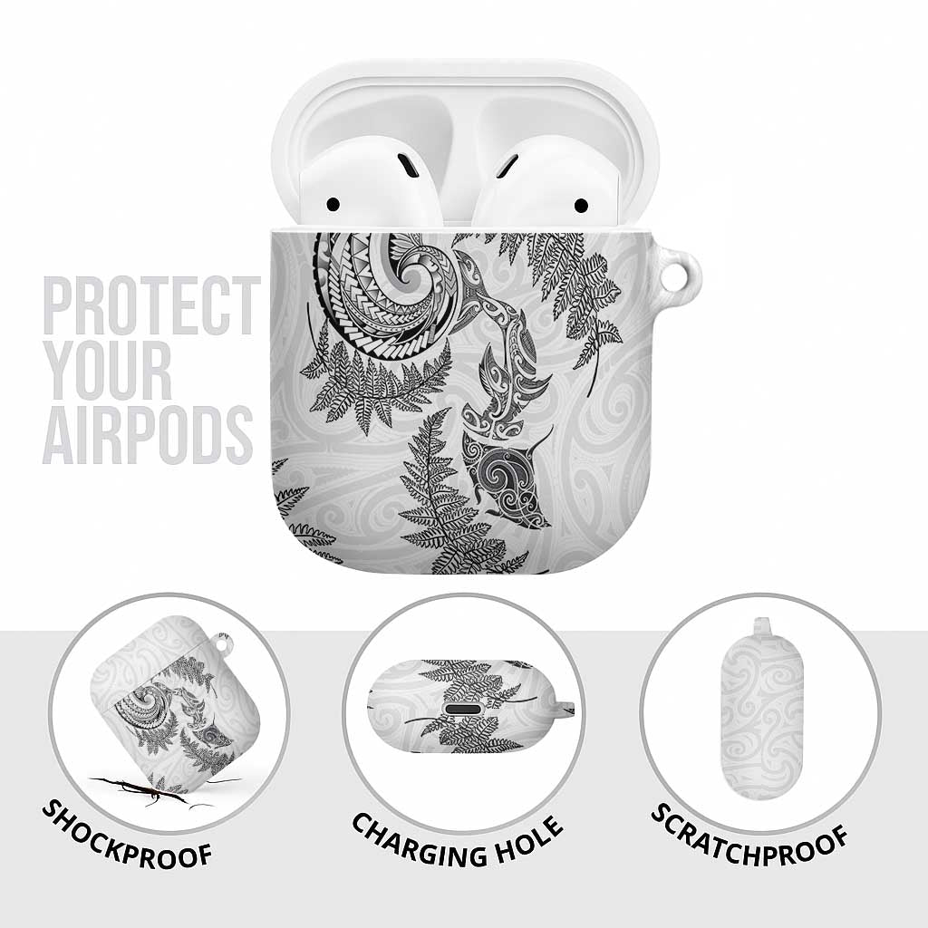 New Zealand Sea Animals with Maori Tribal Tattoo AirPods Case Shark Manta Ray with Silver Fern White