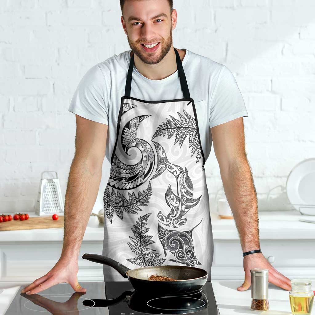 New Zealand Sea Animals with Maori Tribal Tattoo Apron Shark Manta Ray with Silver Fern White