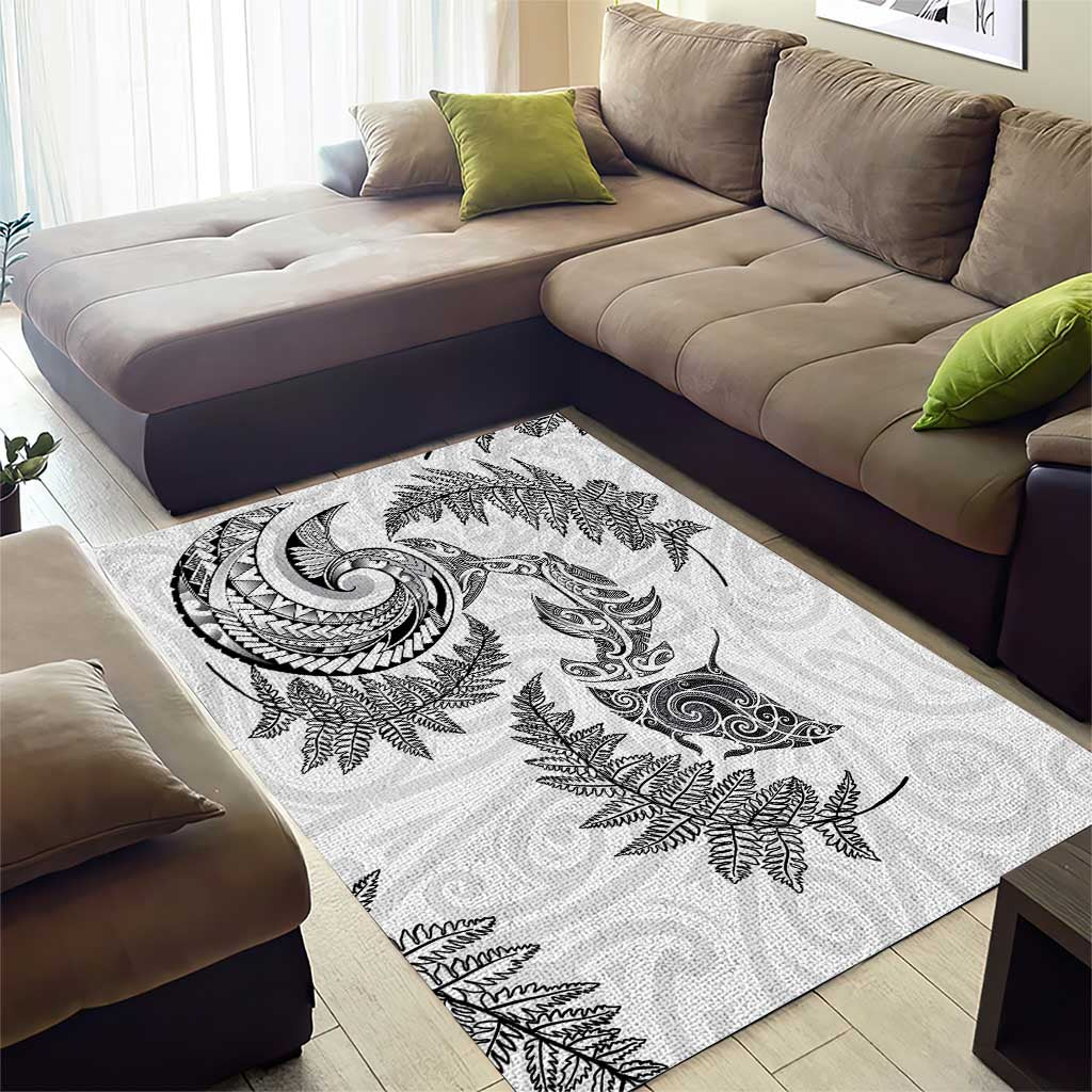 New Zealand Sea Animals with Maori Tribal Tattoo Area Rug Shark Manta Ray with Silver Fern White