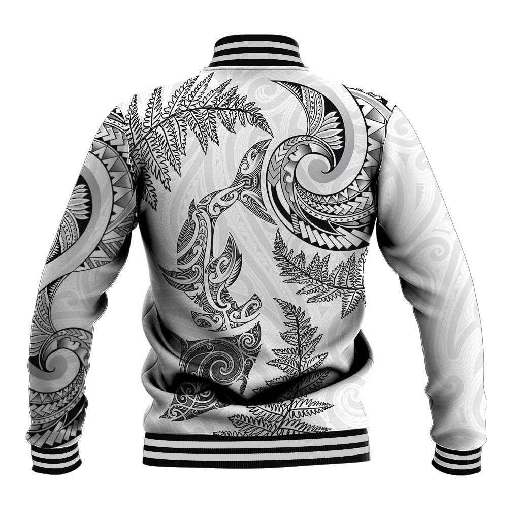 New Zealand Sea Animals with Maori Tribal Tattoo Baseball Jacket Shark Manta Ray with Silver Fern White