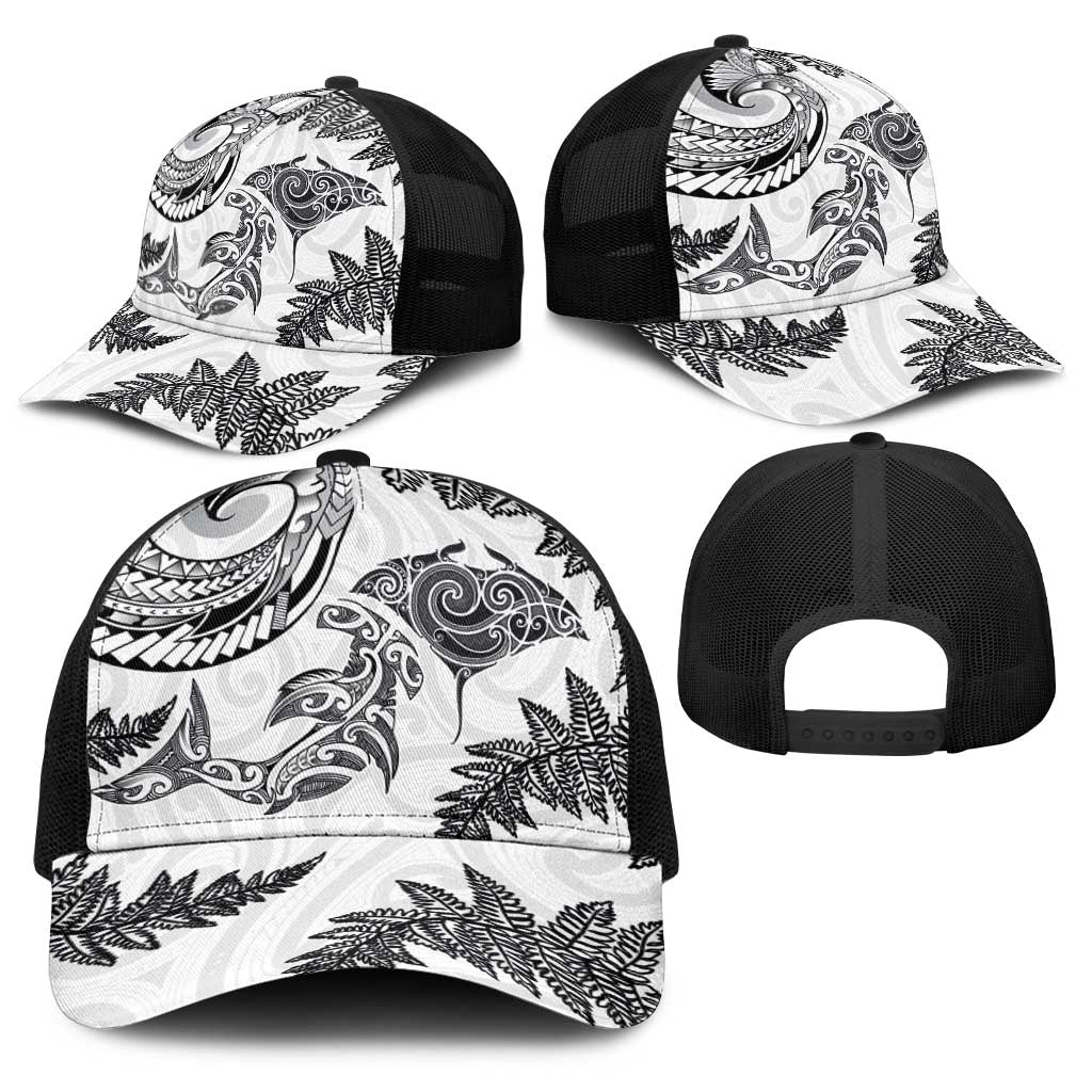 New Zealand Sea Animals with Maori Tribal Tattoo Baseball Net Cap Shark Manta Ray with Silver Fern White