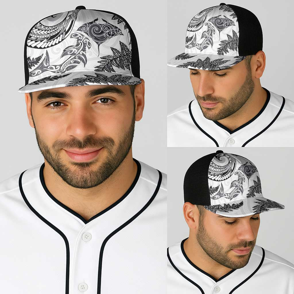 New Zealand Sea Animals with Maori Tribal Tattoo Baseball Net Cap Shark Manta Ray with Silver Fern White