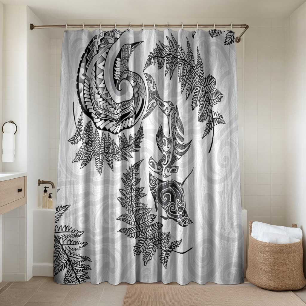 New Zealand Sea Animals with Maori Tribal Tattoo Bathroom Set Shark Manta Ray with Silver Fern White