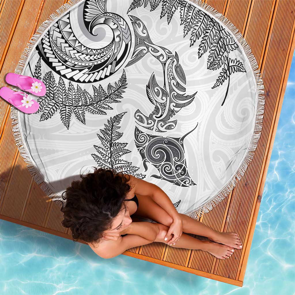 New Zealand Sea Animals with Maori Tribal Tattoo Beach Blanket Shark Manta Ray with Silver Fern White