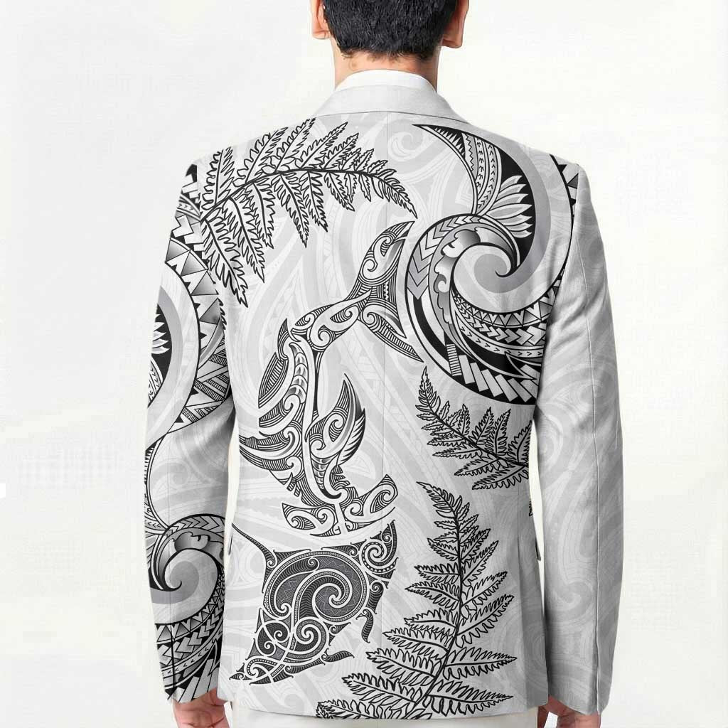 New Zealand Sea Animals with Maori Tribal Tattoo Blazer Shark Manta Ray with Silver Fern White