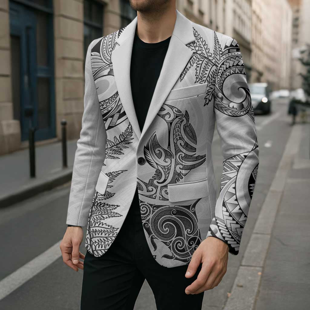 New Zealand Sea Animals with Maori Tribal Tattoo Blazer Shark Manta Ray with Silver Fern White