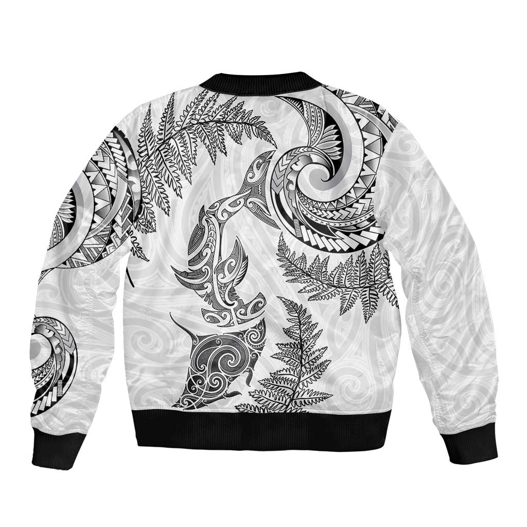 New Zealand Sea Animals with Maori Tribal Tattoo Bomber Jacket Shark Manta Ray with Silver Fern White