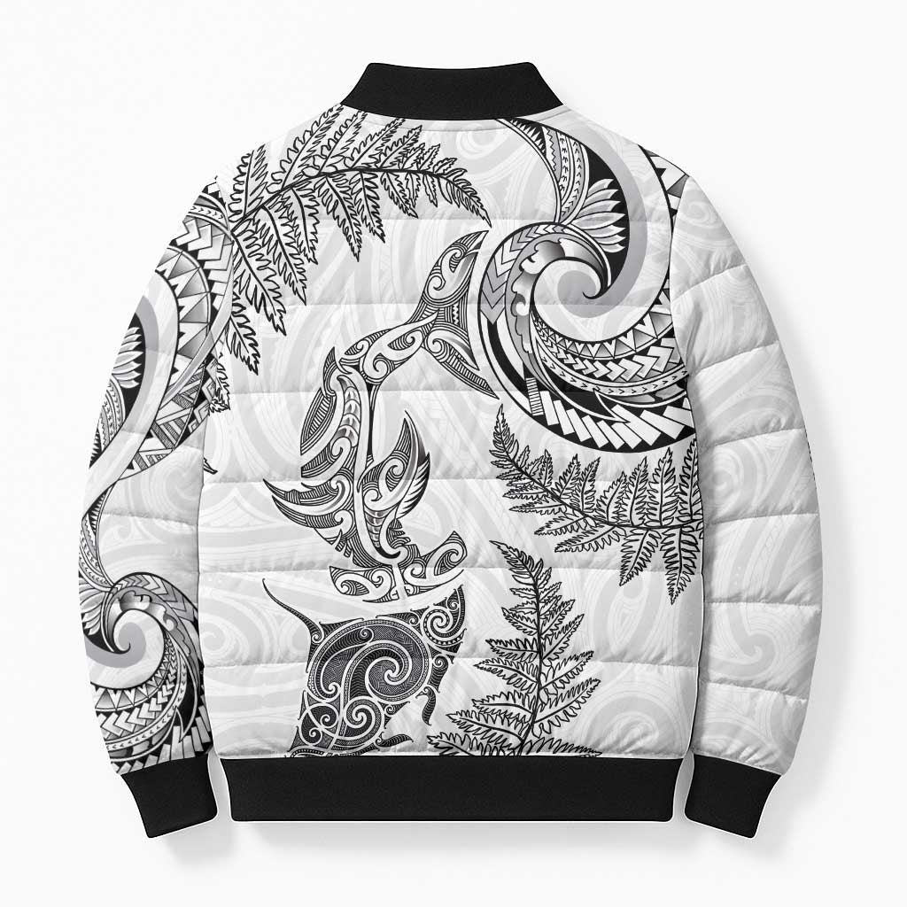 New Zealand Sea Animals with Maori Tribal Tattoo Bomber Puffer Jacket Shark Manta Ray with Silver Fern White