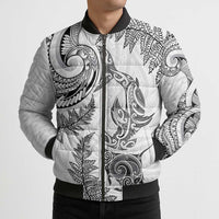 New Zealand Sea Animals with Maori Tribal Tattoo Bomber Puffer Jacket Shark Manta Ray with Silver Fern White