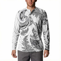 New Zealand Sea Animals with Maori Tribal Tattoo Button Sweatshirt Shark Manta Ray with Silver Fern White