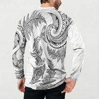 New Zealand Sea Animals with Maori Tribal Tattoo Button Sweatshirt Shark Manta Ray with Silver Fern White