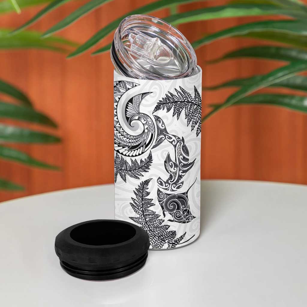 New Zealand Sea Animals with Maori Tribal Tattoo 4 in 1 Can Cooler Tumbler Shark Manta Ray with Silver Fern White
