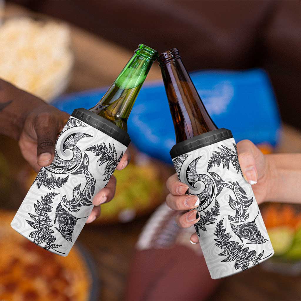 New Zealand Sea Animals with Maori Tribal Tattoo 4 in 1 Can Cooler Tumbler Shark Manta Ray with Silver Fern White