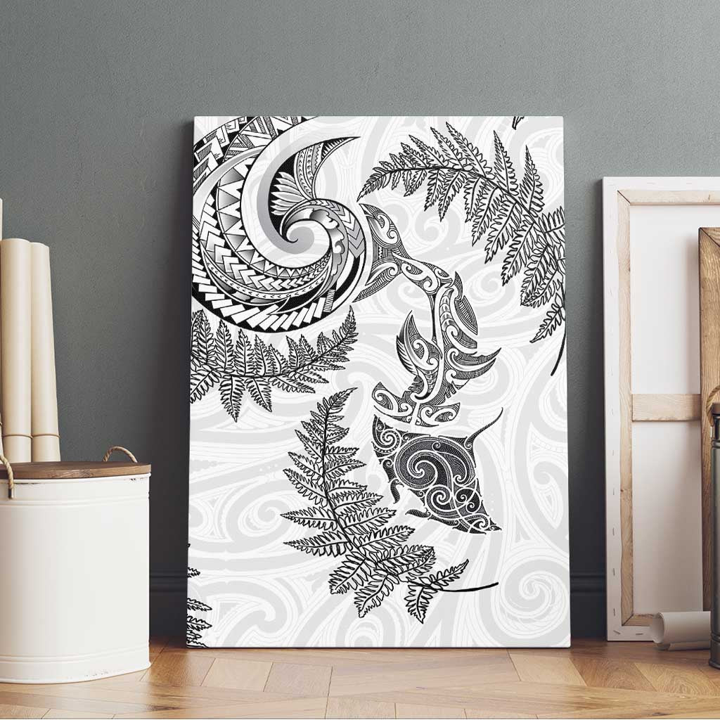 New Zealand Sea Animals with Maori Tribal Tattoo Canvas Wall Art Shark Manta Ray with Silver Fern White