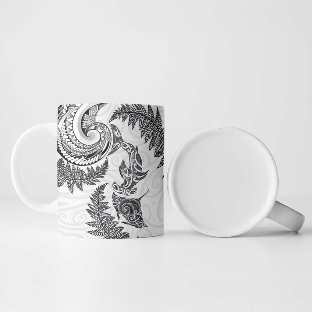New Zealand Sea Animals with Maori Tribal Tattoo Ceramic Mug Shark Manta Ray with Silver Fern White