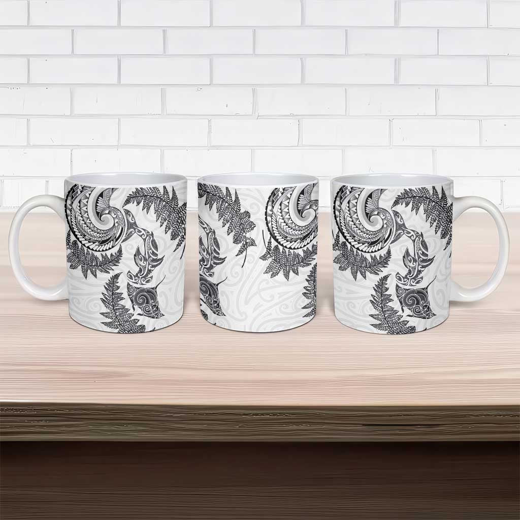 New Zealand Sea Animals with Maori Tribal Tattoo Ceramic Mug Shark Manta Ray with Silver Fern White