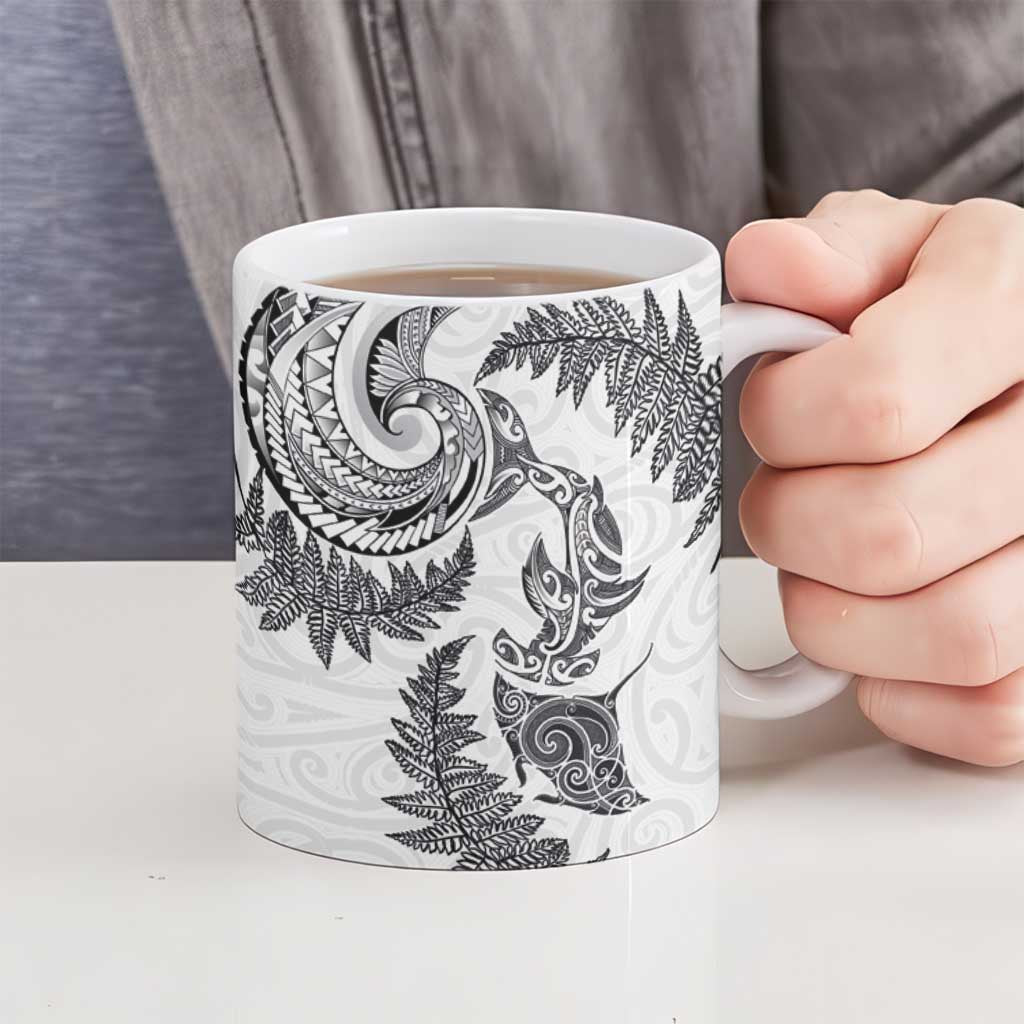 New Zealand Sea Animals with Maori Tribal Tattoo Ceramic Mug Shark Manta Ray with Silver Fern White
