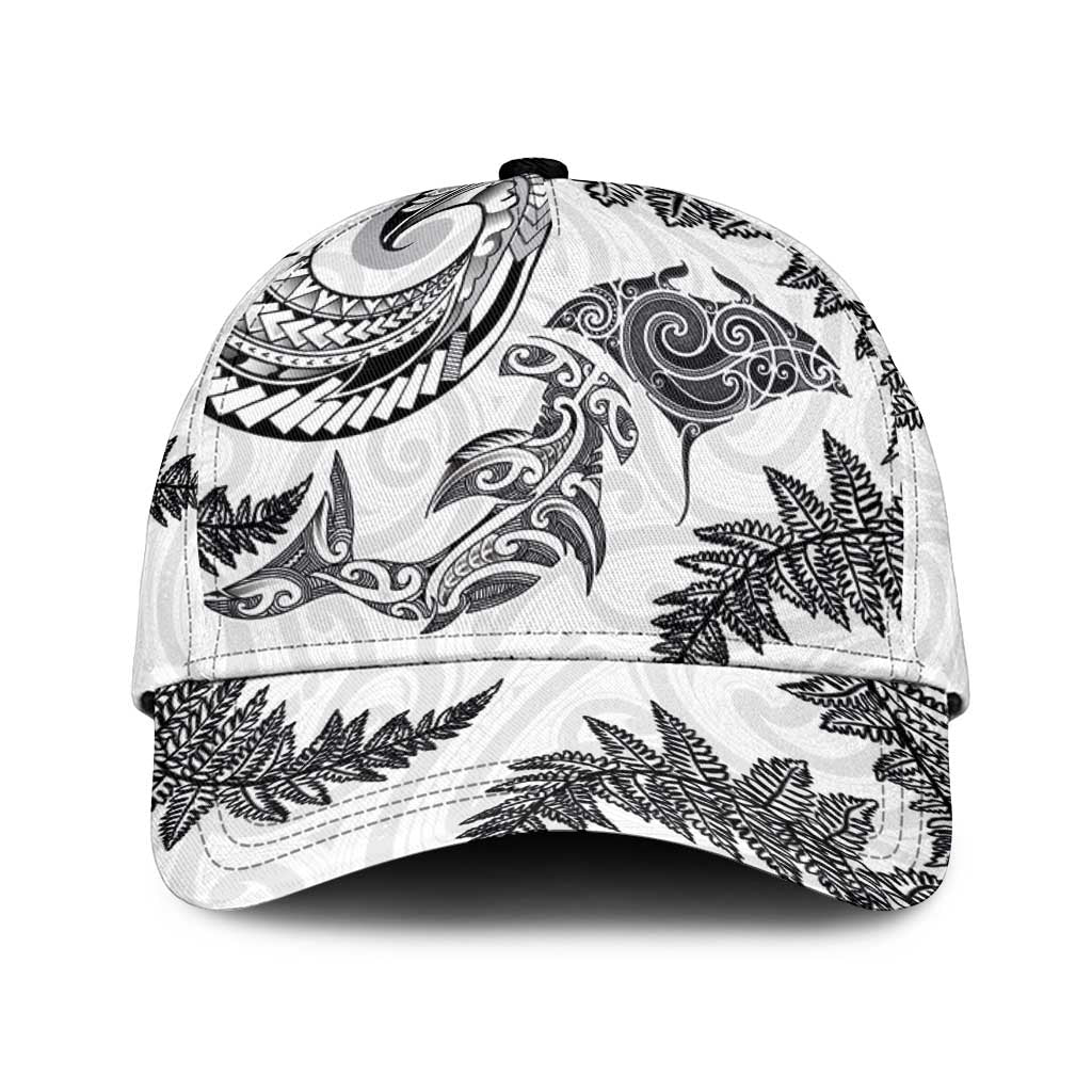 New Zealand Sea Animals with Maori Tribal Tattoo Classic Cap Shark Manta Ray with Silver Fern White LT03 Universal Fit White - Polynesian Pride