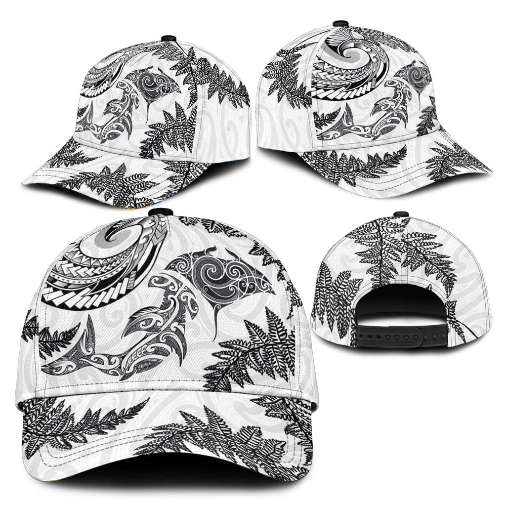New Zealand Sea Animals with Maori Tribal Tattoo Classic Cap Shark Manta Ray with Silver Fern White LT03 - Polynesian Pride