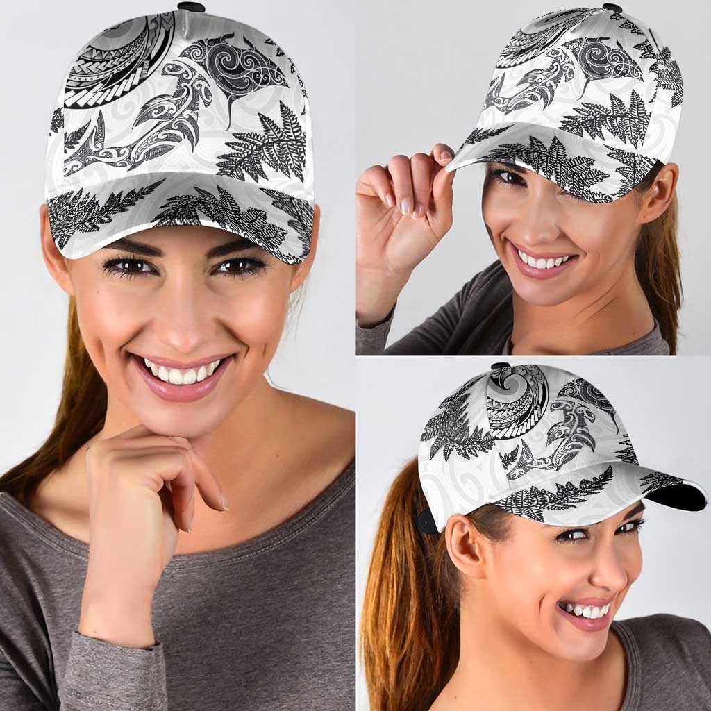 New Zealand Sea Animals with Maori Tribal Tattoo Classic Cap Shark Manta Ray with Silver Fern White LT03 - Polynesian Pride