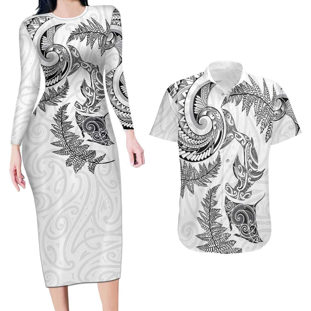 New Zealand Sea Animals with Maori Tribal Tattoo Couples Matching Long Sleeve Bodycon Dress and Hawaiian Shirt Shark Manta Ray with Silver Fern White LT03 White - Polynesian Pride