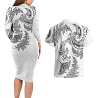 New Zealand Sea Animals with Maori Tribal Tattoo Couples Matching Long Sleeve Bodycon Dress and Hawaiian Shirt Shark Manta Ray with Silver Fern White LT03 - Polynesian Pride